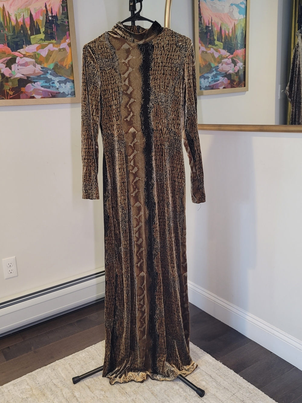 JS COLLECTIONS Snake Skin Print Velvet Maxi Dress Bodycon Long Sleeve Size 8